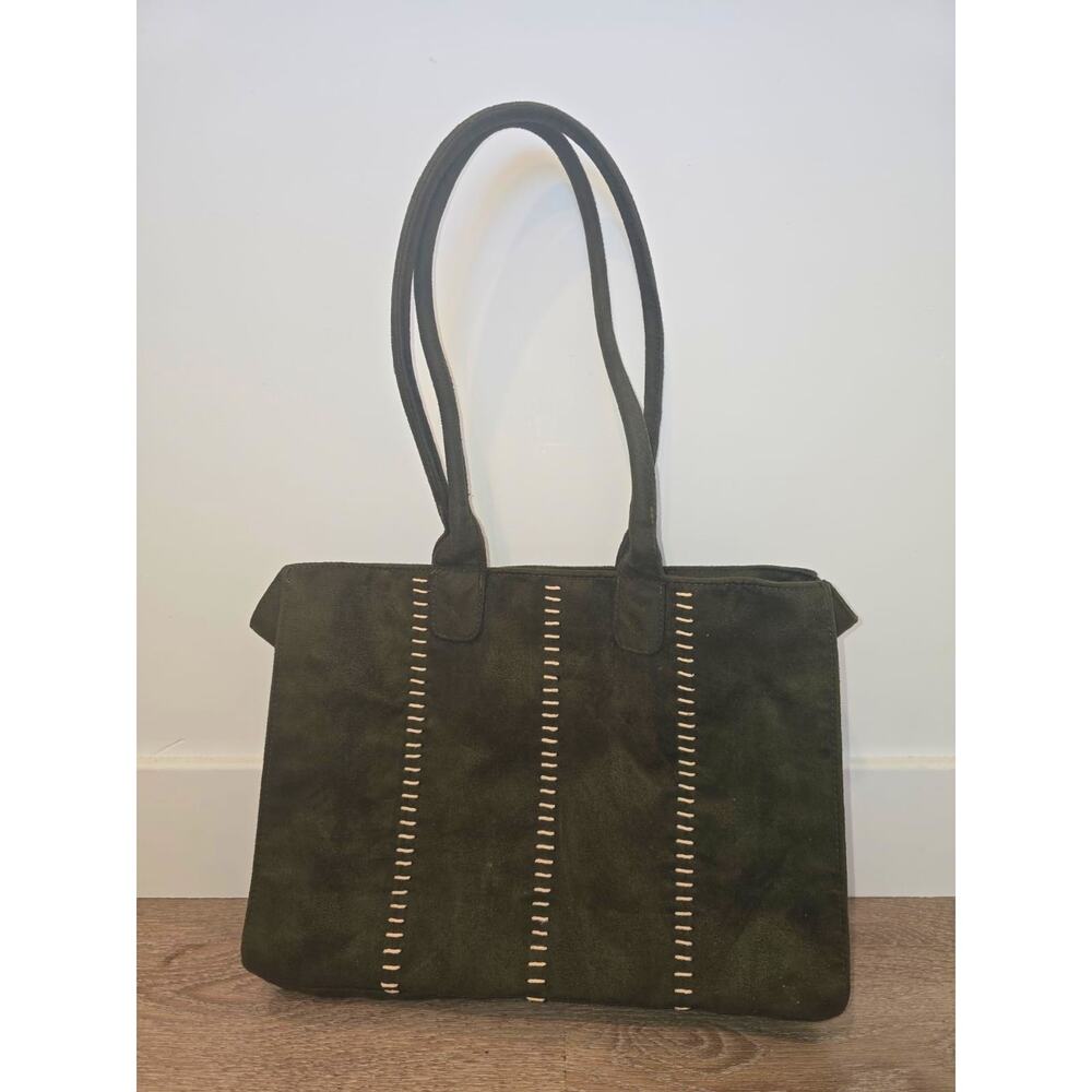 Olive Green Faux Suede Tote Shoulder Bag Whipstitch Boho Y2K Soft Carryall Purse